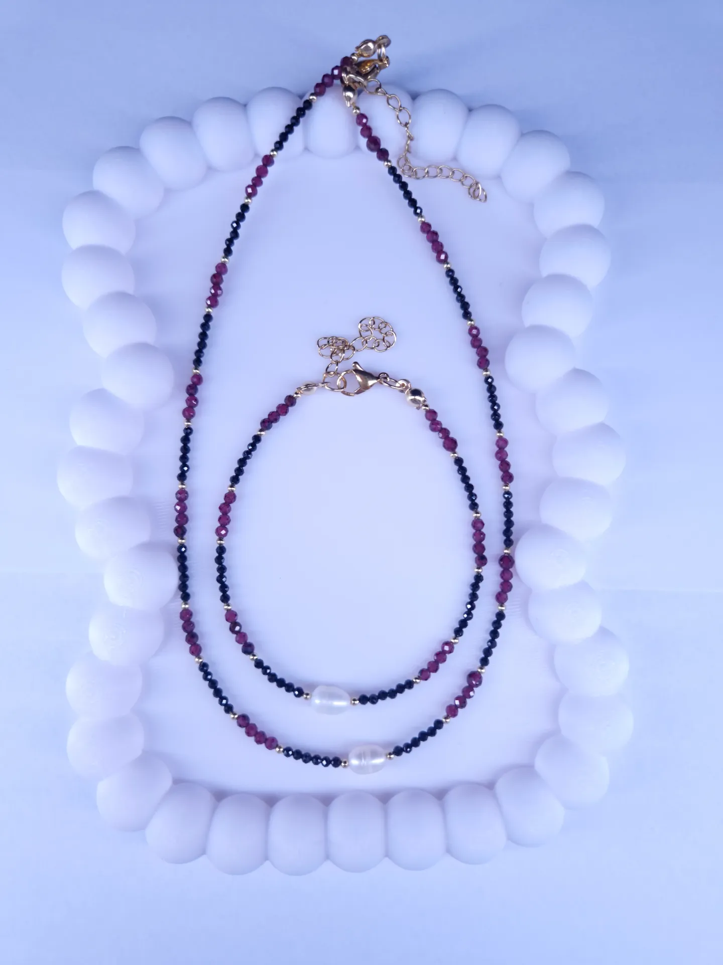 Komplet biżuterii „Blackpink” naszyjnik + bransoletka, granat, perła